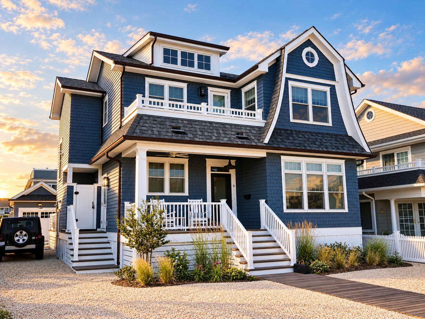Blue coastal custom home at sunset